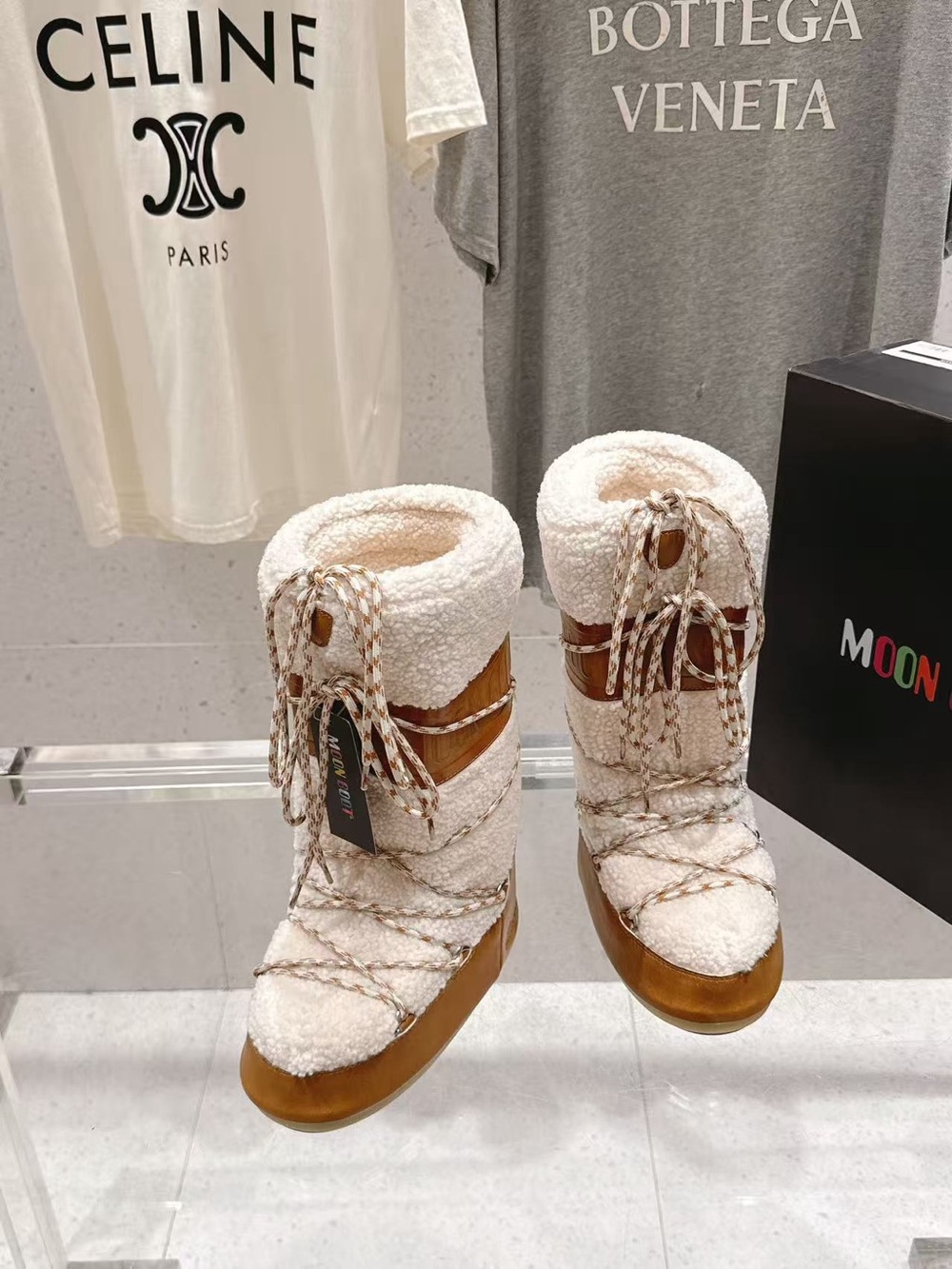 Moon Boot Cream Shearling Winter Boots with Brown Trim